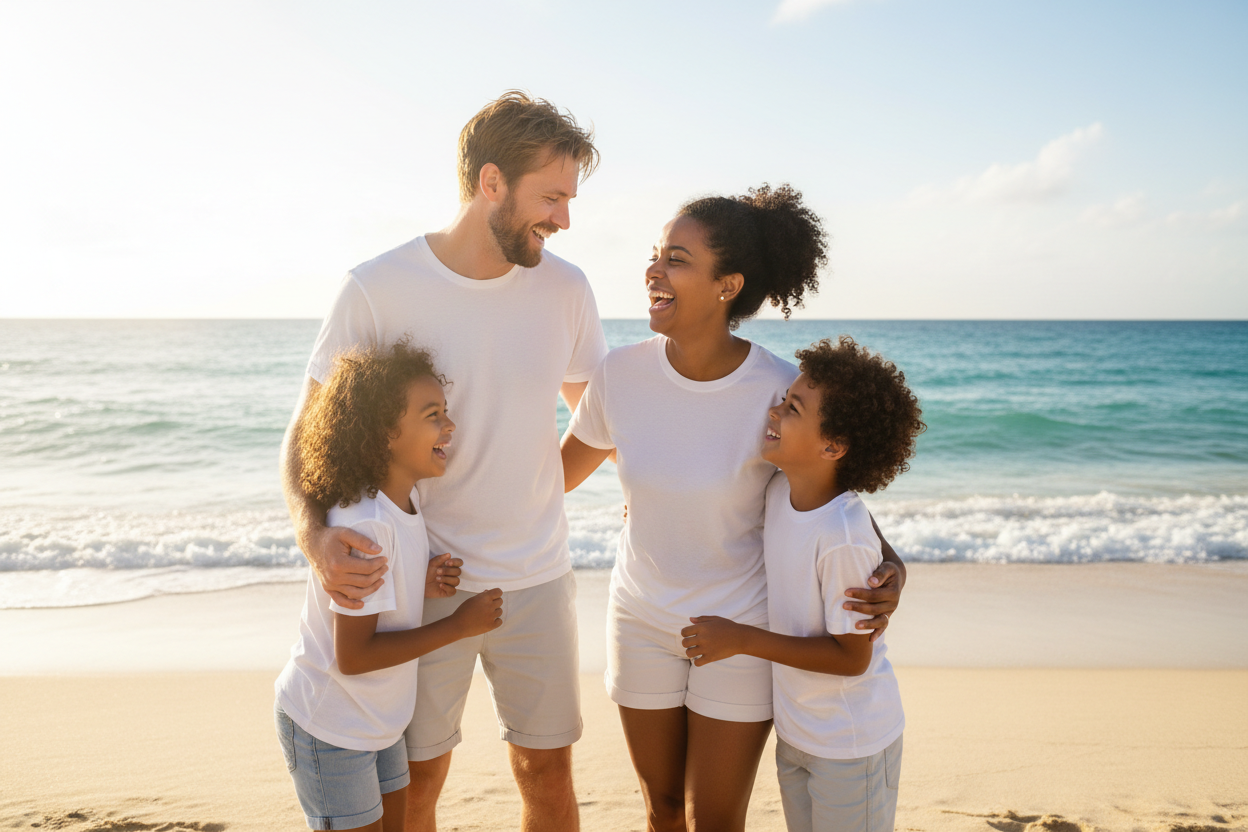 Une famille de 4, 1 pere, 1 mere et 2 enfants, sur la plage, vetu en t-shirts blanc.