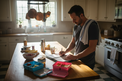 Image d'un homme dans une cuisine preparant les boite a lunch pour la semaine et qui prend le temps d'ecrire une note dans son planificateur checke